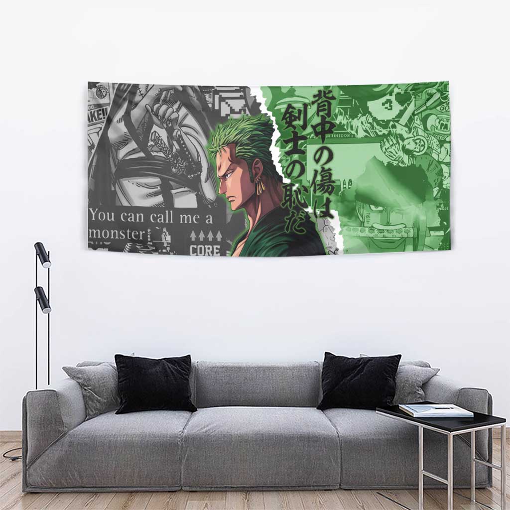 Zoro One Piece Green Theme Tapestry with Manga Collage and Dual Portrait Swordmaster Design - The Mazicc