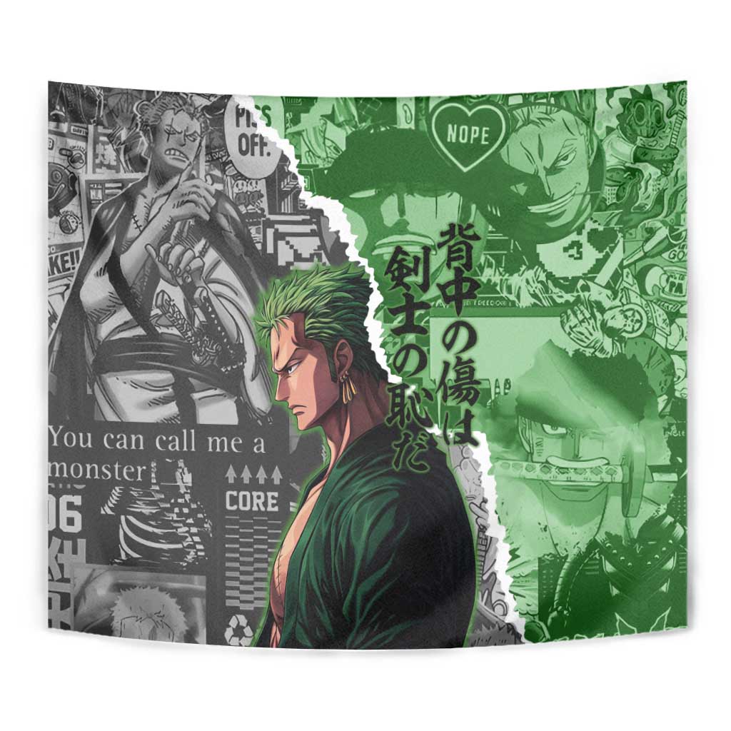 Zoro One Piece Green Theme Tapestry with Manga Collage and Dual Portrait Swordmaster Design - The Mazicc