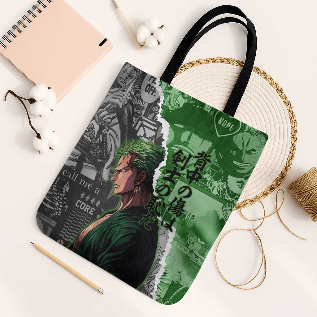 Zoro One Piece Green Theme Tote Bag with Manga Collage and Dual Portrait Swordmaster Design - The Mazicc