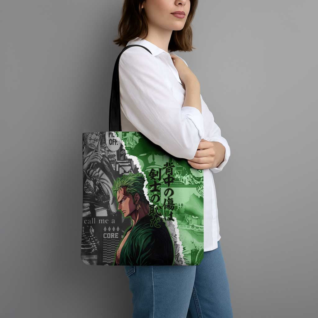 Zoro One Piece Green Theme Tote Bag with Manga Collage and Dual Portrait Swordmaster Design - The Mazicc