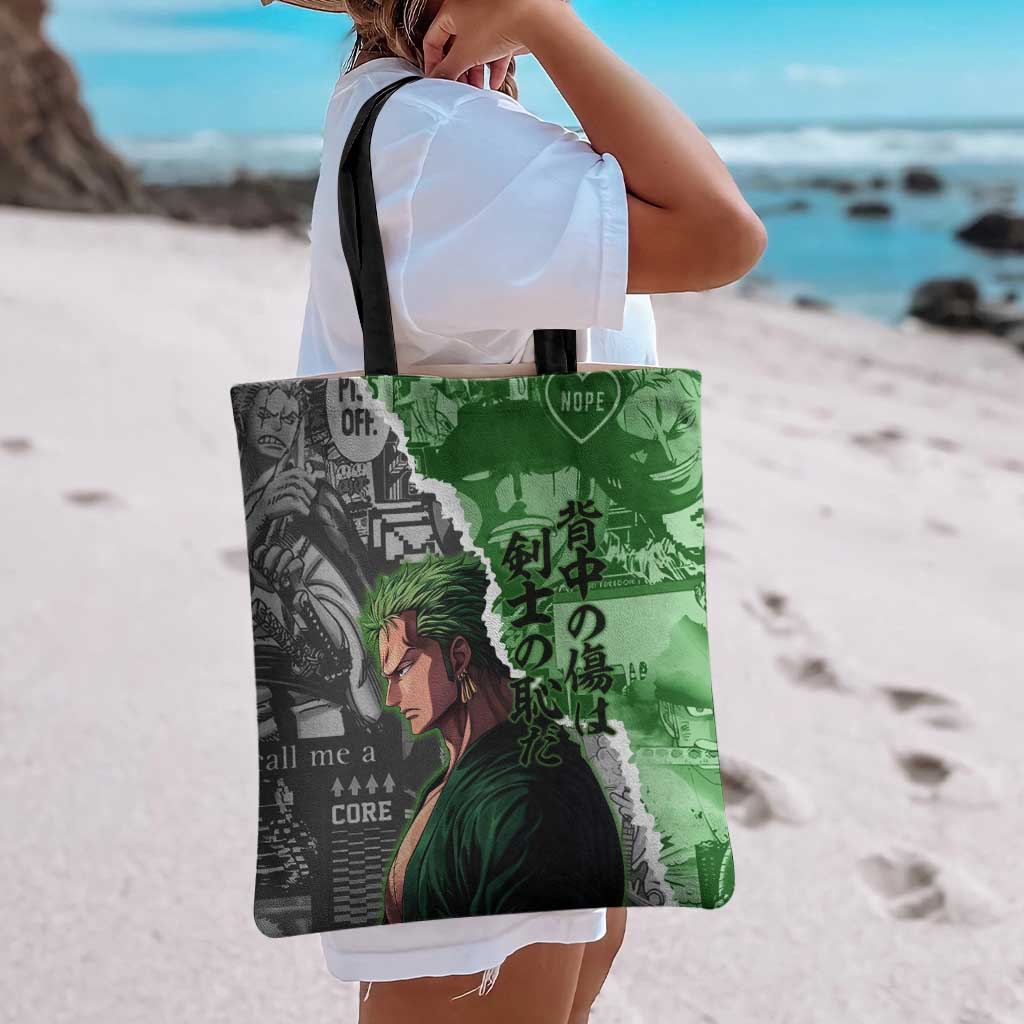 Zoro One Piece Green Theme Tote Bag with Manga Collage and Dual Portrait Swordmaster Design - The Mazicc
