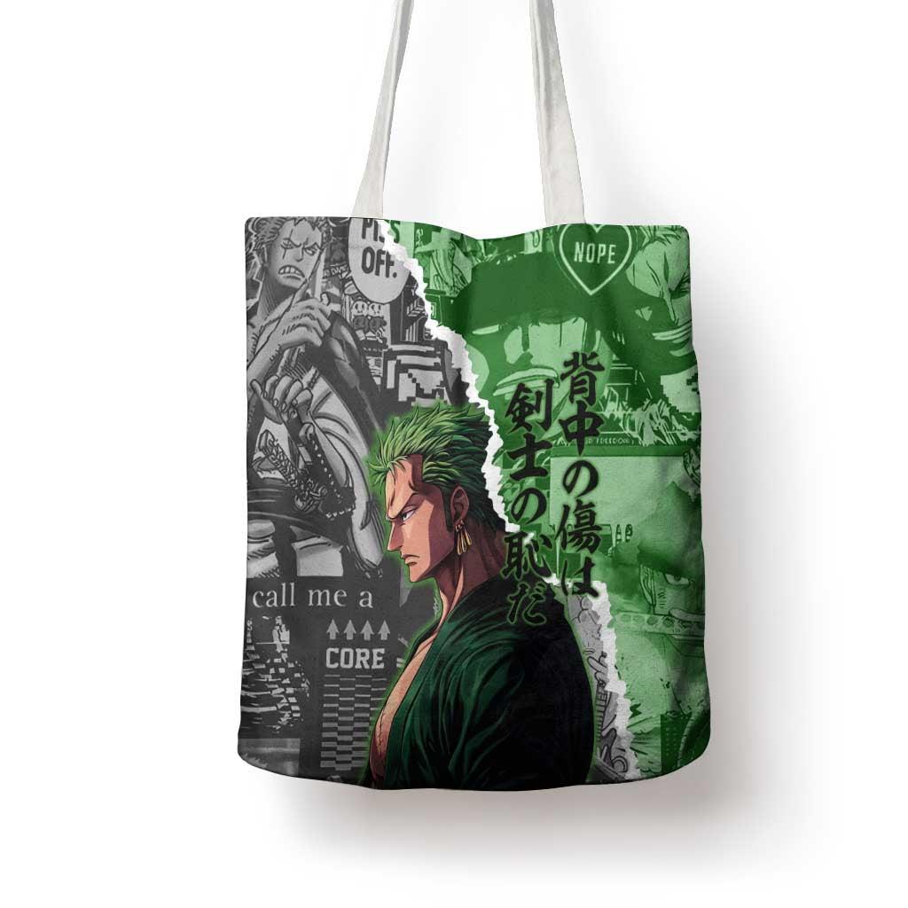 Zoro One Piece Green Theme Tote Bag with Manga Collage and Dual Portrait Swordmaster Design - The Mazicc