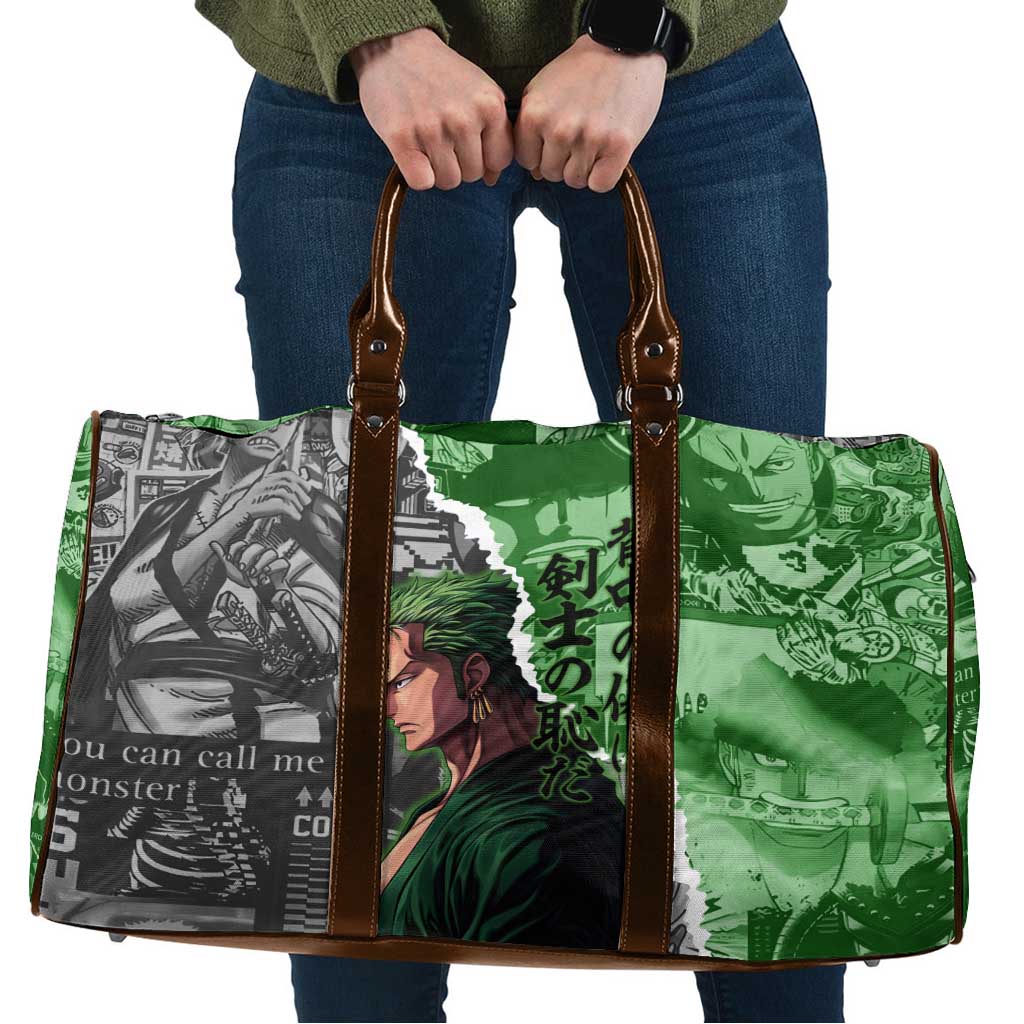 Zoro One Piece Green Theme Travel Bag with Manga Collage and Dual Portrait Swordmaster Design - The Mazicc