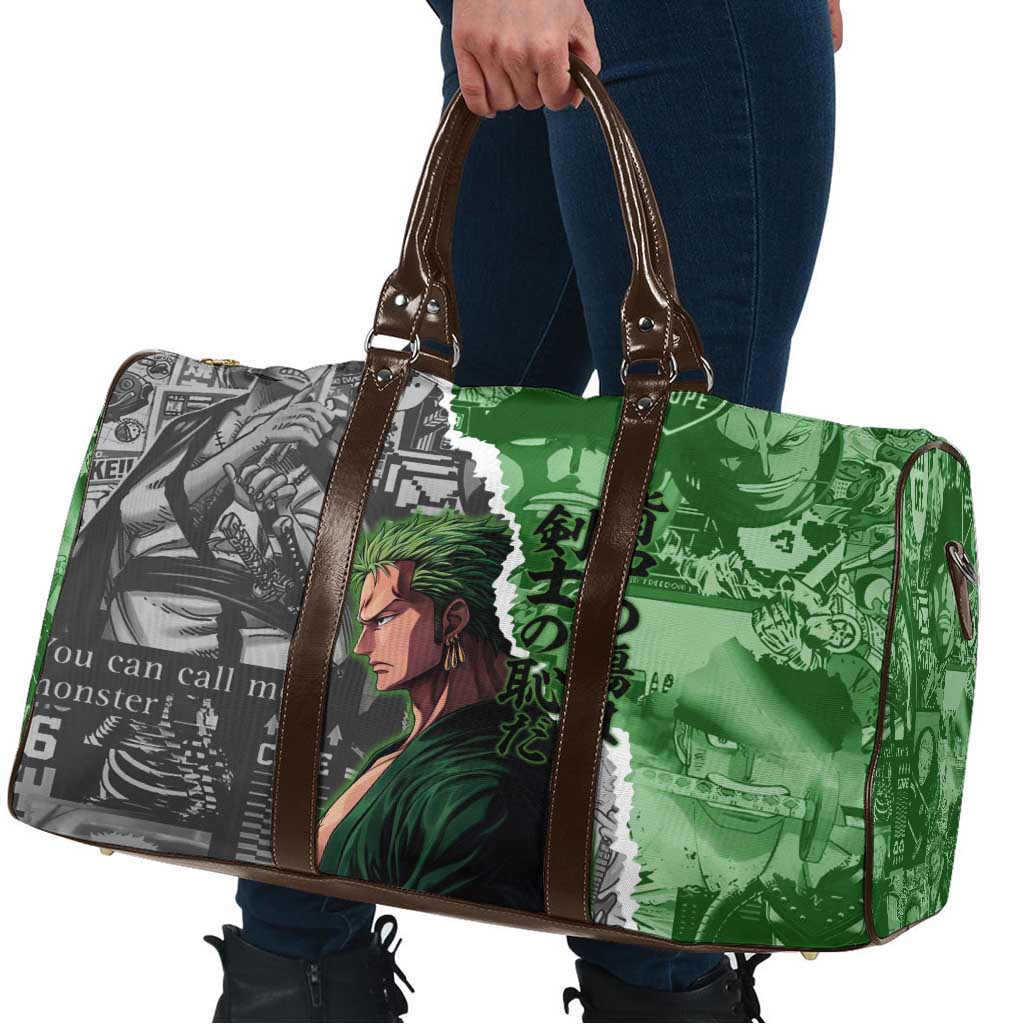 Zoro One Piece Green Theme Travel Bag with Manga Collage and Dual Portrait Swordmaster Design - The Mazicc