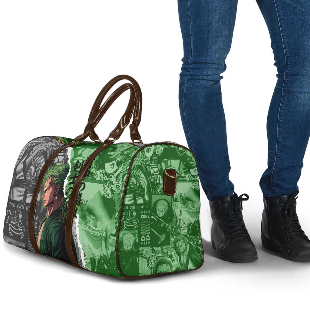 Zoro One Piece Green Theme Travel Bag with Manga Collage and Dual Portrait Swordmaster Design - The Mazicc