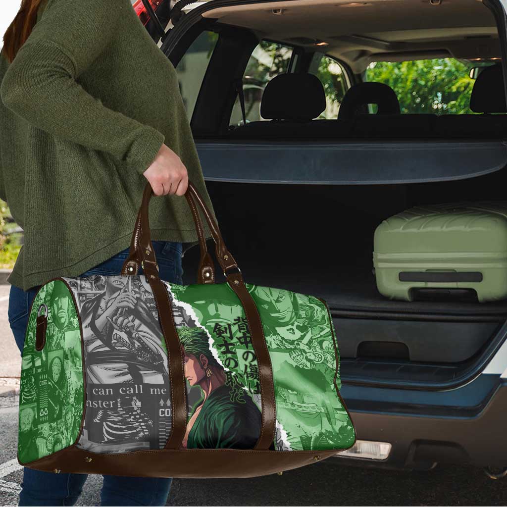 Zoro One Piece Green Theme Travel Bag with Manga Collage and Dual Portrait Swordmaster Design - The Mazicc