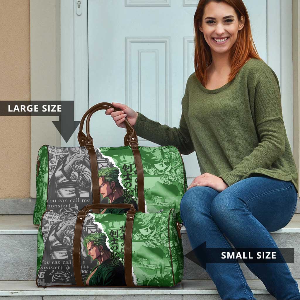 Zoro One Piece Green Theme Travel Bag with Manga Collage and Dual Portrait Swordmaster Design - The Mazicc