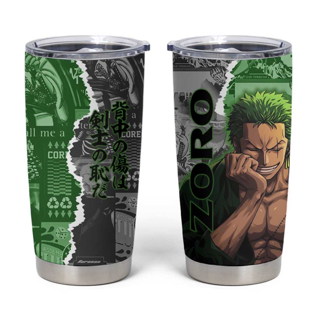 Zoro One Piece Green Theme Tumbler Cup with Manga Collage and Dual Portrait Swordmaster Design - The Mazicc