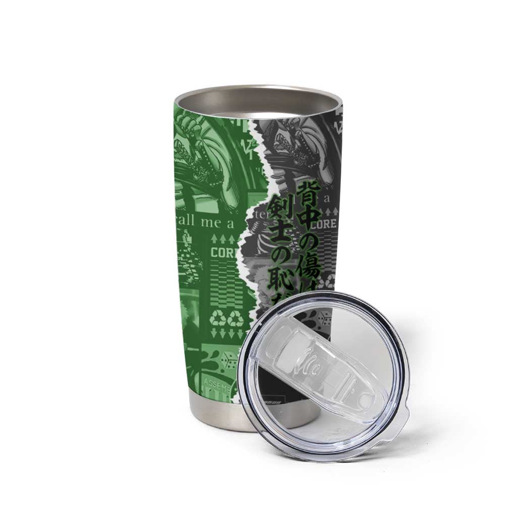 Zoro One Piece Green Theme Tumbler Cup with Manga Collage and Dual Portrait Swordmaster Design - The Mazicc