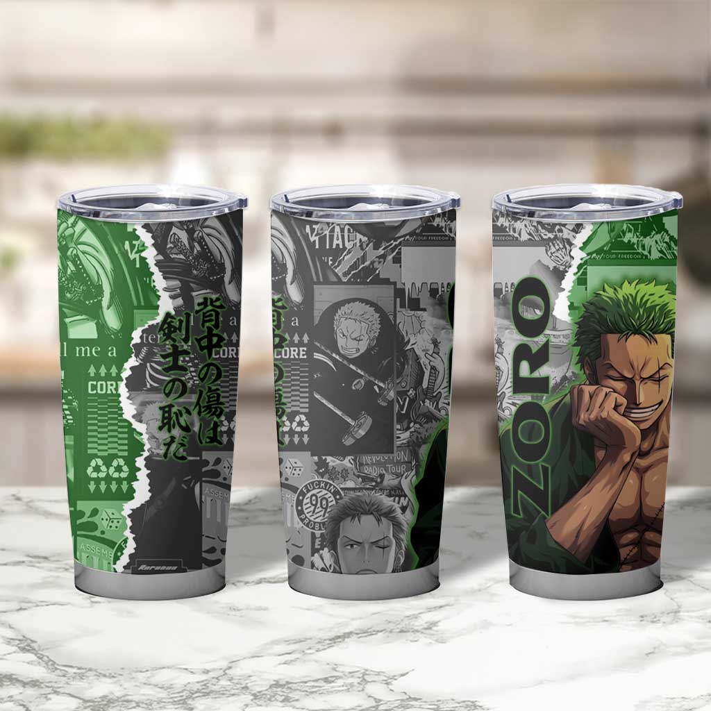 Zoro One Piece Green Theme Tumbler Cup with Manga Collage and Dual Portrait Swordmaster Design - The Mazicc