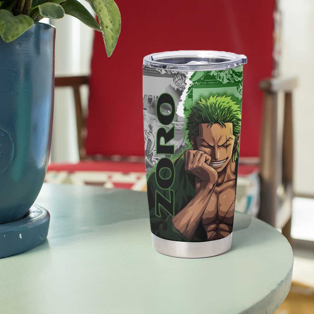Zoro One Piece Green Theme Tumbler Cup with Manga Collage and Dual Portrait Swordmaster Design - The Mazicc