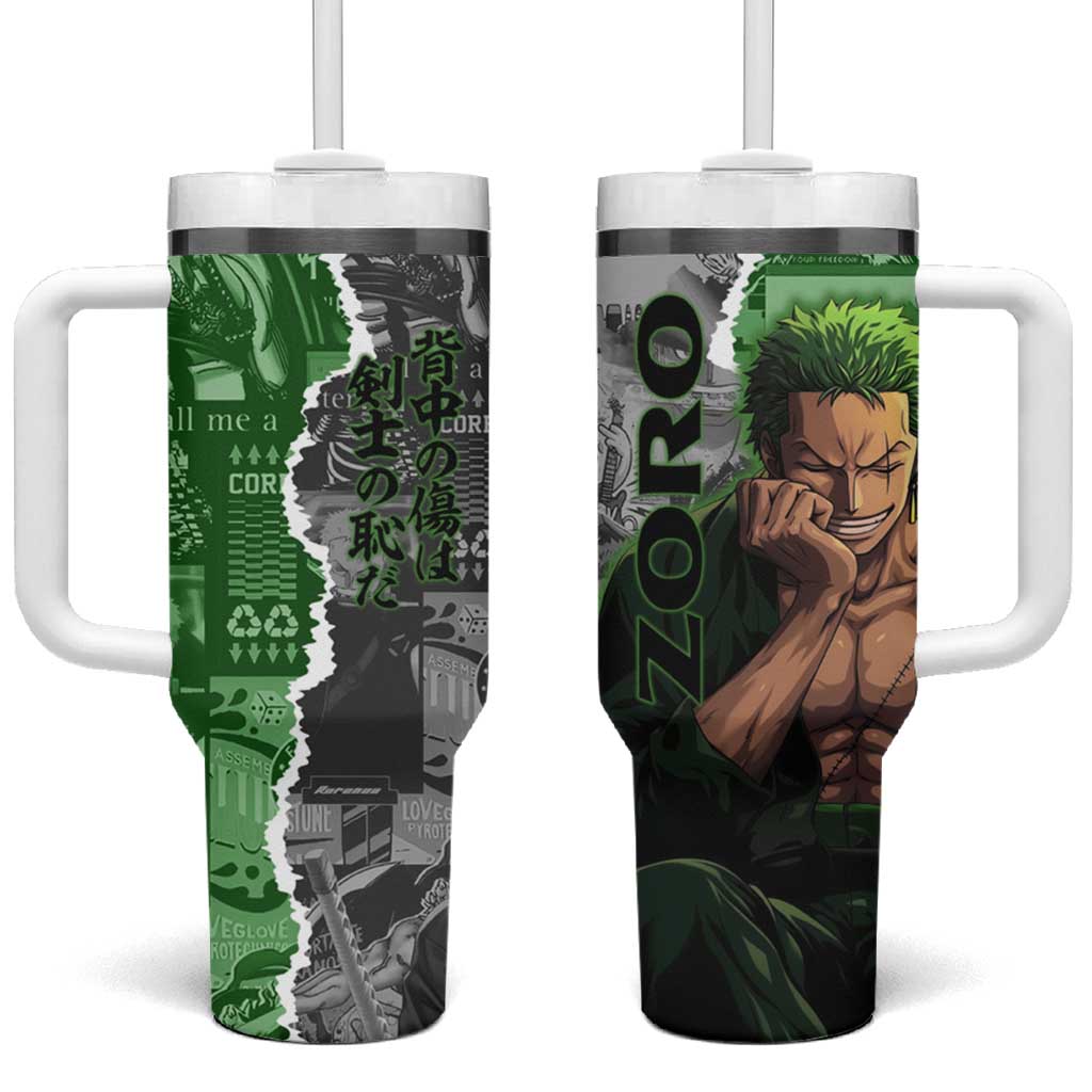 Zoro One Piece Green Theme Tumbler With Handle with Manga Collage and Dual Portrait Swordmaster Design - The Mazicc