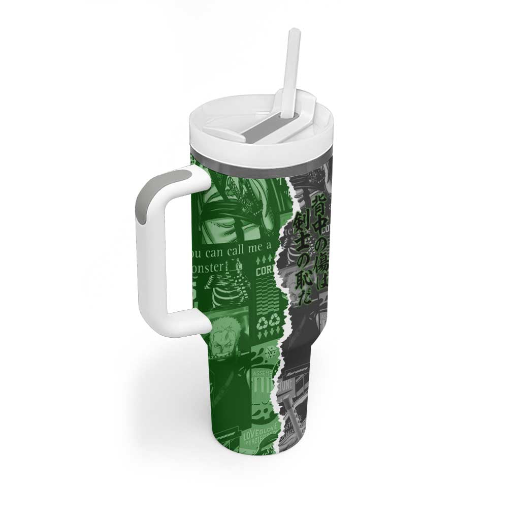 Zoro One Piece Green Theme Tumbler With Handle with Manga Collage and Dual Portrait Swordmaster Design - The Mazicc