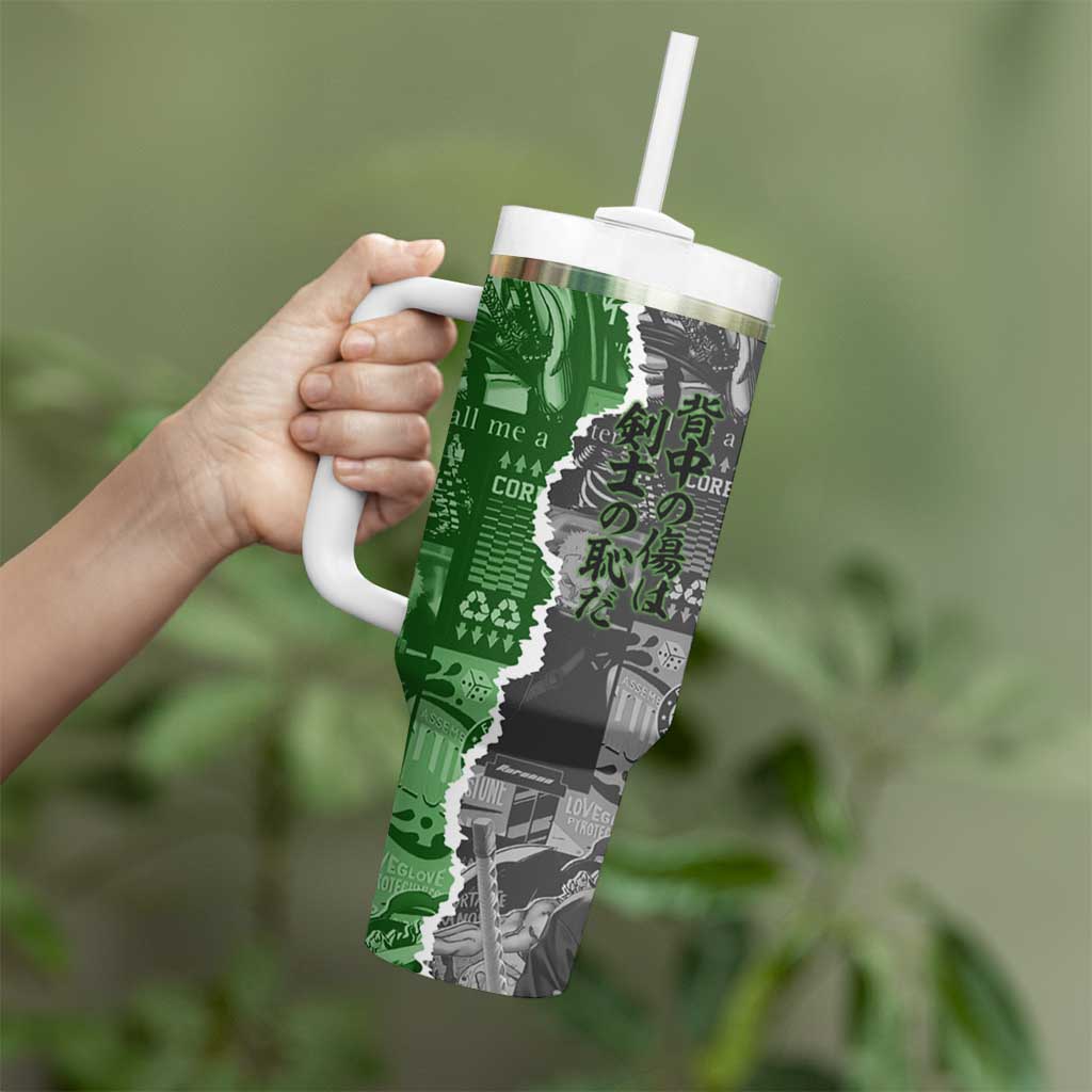 Zoro One Piece Green Theme Tumbler With Handle with Manga Collage and Dual Portrait Swordmaster Design - The Mazicc