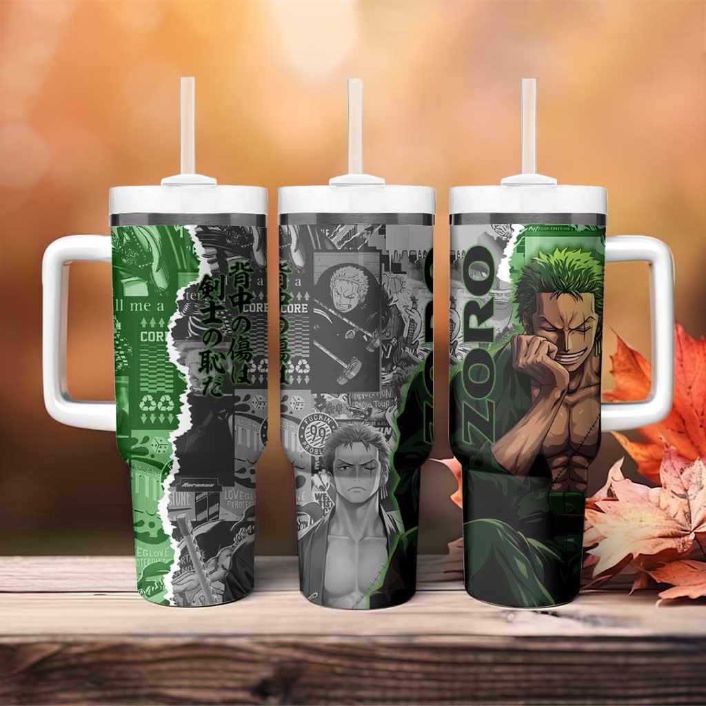 Zoro One Piece Green Theme Tumbler With Handle with Manga Collage and Dual Portrait Swordmaster Design - The Mazicc