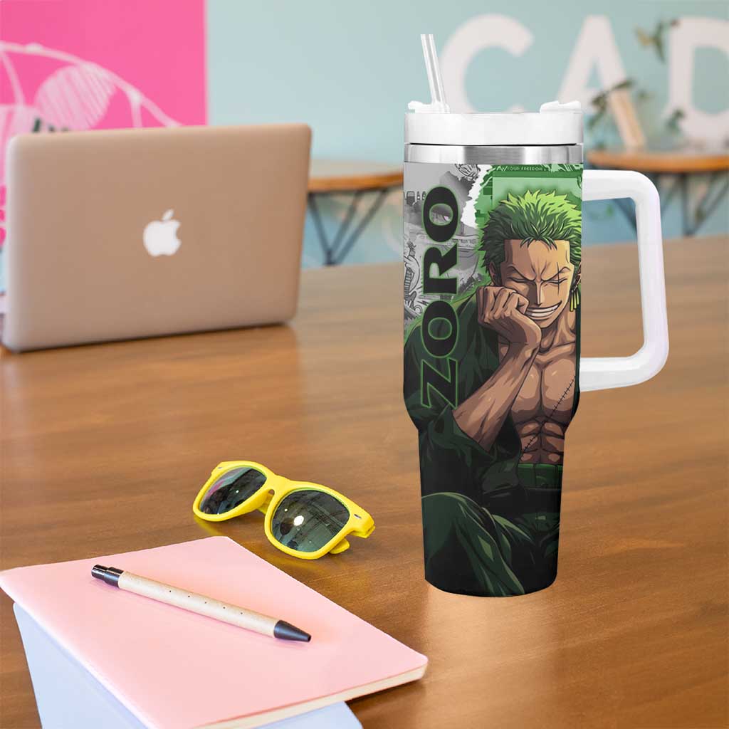 Zoro One Piece Green Theme Tumbler With Handle with Manga Collage and Dual Portrait Swordmaster Design - The Mazicc