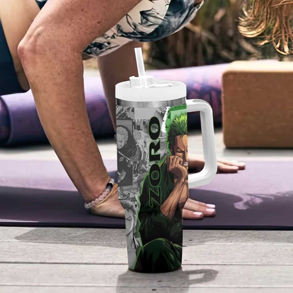 Zoro One Piece Green Theme Tumbler With Handle with Manga Collage and Dual Portrait Swordmaster Design - The Mazicc
