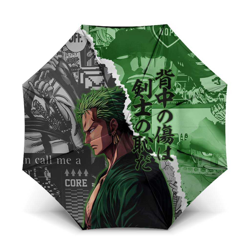 Zoro One Piece Green Theme Umbrella with Manga Collage and Dual Portrait Swordmaster Design - The Mazicc