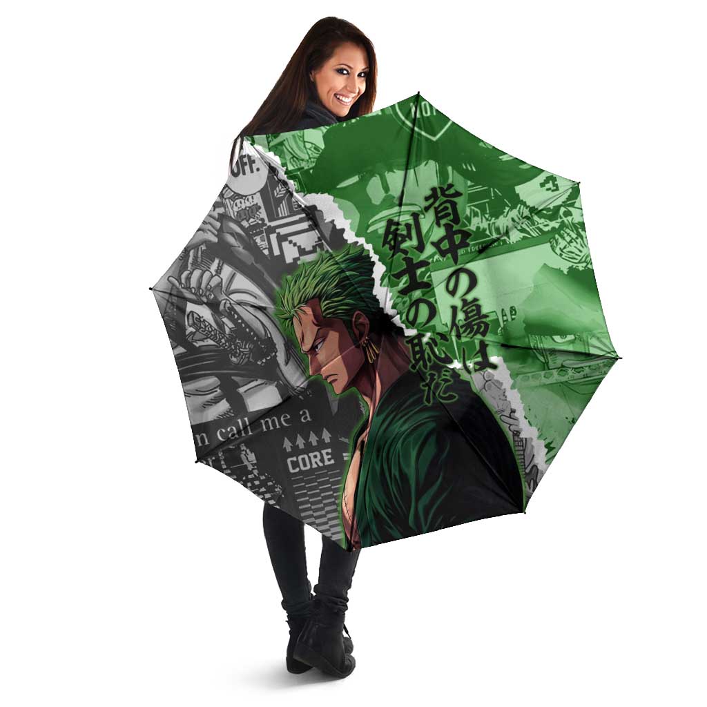 Zoro One Piece Green Theme Umbrella with Manga Collage and Dual Portrait Swordmaster Design - The Mazicc