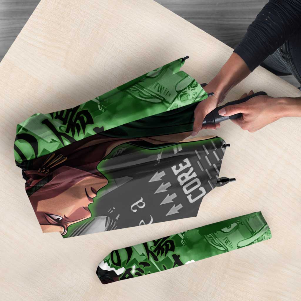 Zoro One Piece Green Theme Umbrella with Manga Collage and Dual Portrait Swordmaster Design - The Mazicc