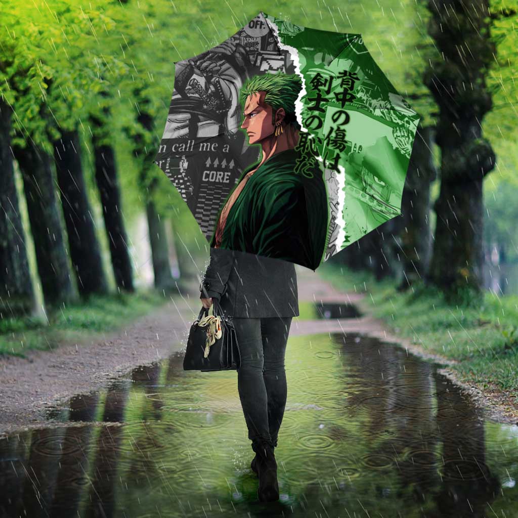 Zoro One Piece Green Theme Umbrella with Manga Collage and Dual Portrait Swordmaster Design - The Mazicc