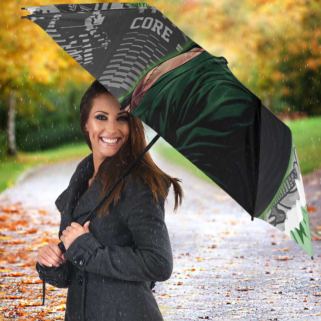 Zoro One Piece Green Theme Umbrella with Manga Collage and Dual Portrait Swordmaster Design - The Mazicc
