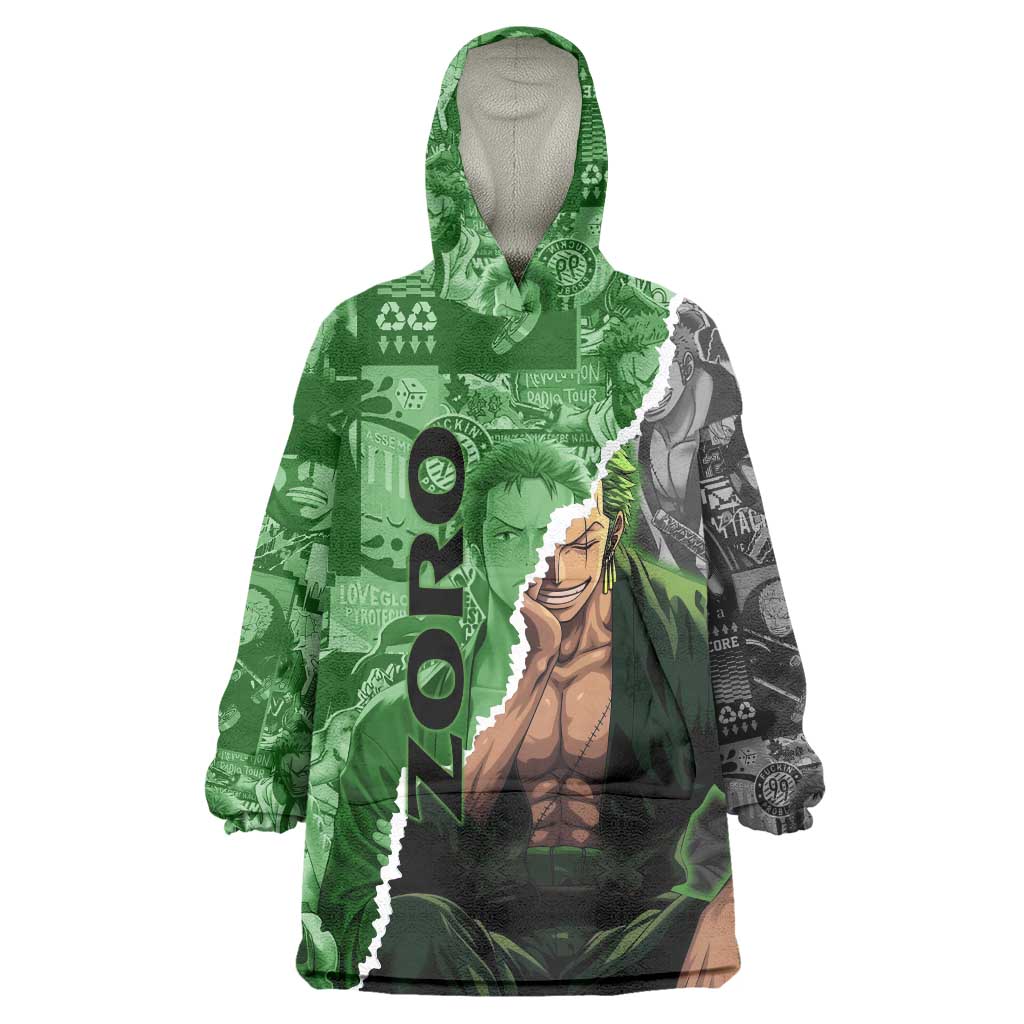 Zoro One Piece Green Theme Wearable Blanket Hoodie with Manga Collage and Dual Portrait Swordmaster Design - The Mazicc