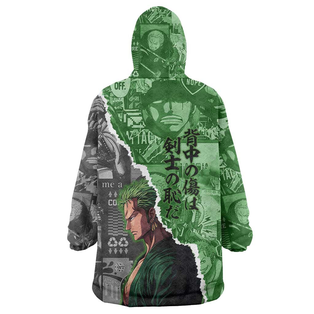 Zoro One Piece Green Theme Wearable Blanket Hoodie with Manga Collage and Dual Portrait Swordmaster Design - The Mazicc