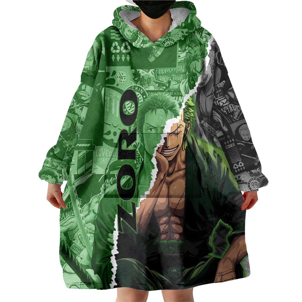Zoro One Piece Green Theme Wearable Blanket Hoodie with Manga Collage and Dual Portrait Swordmaster Design - The Mazicc