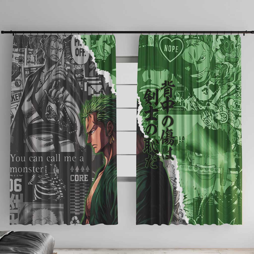 Zoro One Piece Green Theme Window Curtain with Manga Collage and Dual Portrait Swordmaster Design - The Mazicc