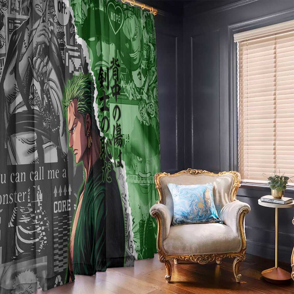 Zoro One Piece Green Theme Window Curtain with Manga Collage and Dual Portrait Swordmaster Design - The Mazicc