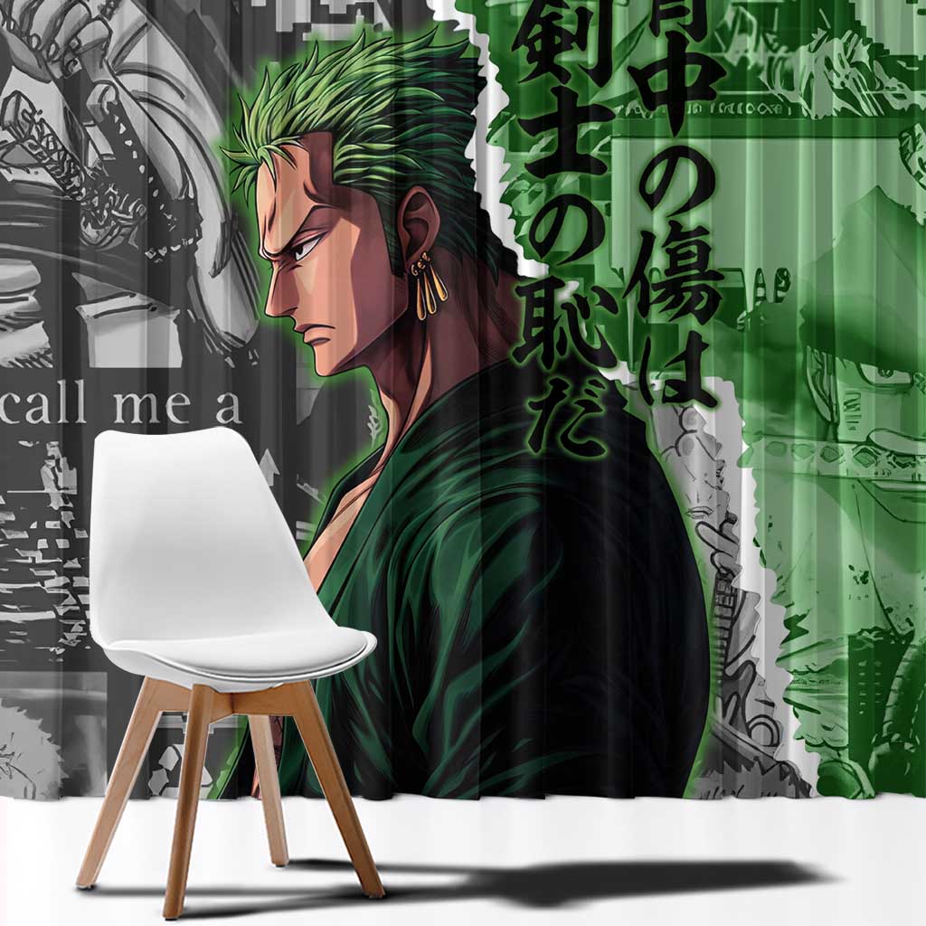Zoro One Piece Green Theme Window Curtain with Manga Collage and Dual Portrait Swordmaster Design - The Mazicc