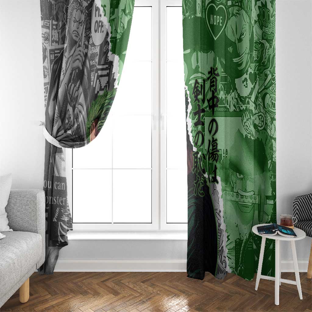 Zoro One Piece Green Theme Window Curtain with Manga Collage and Dual Portrait Swordmaster Design - The Mazicc