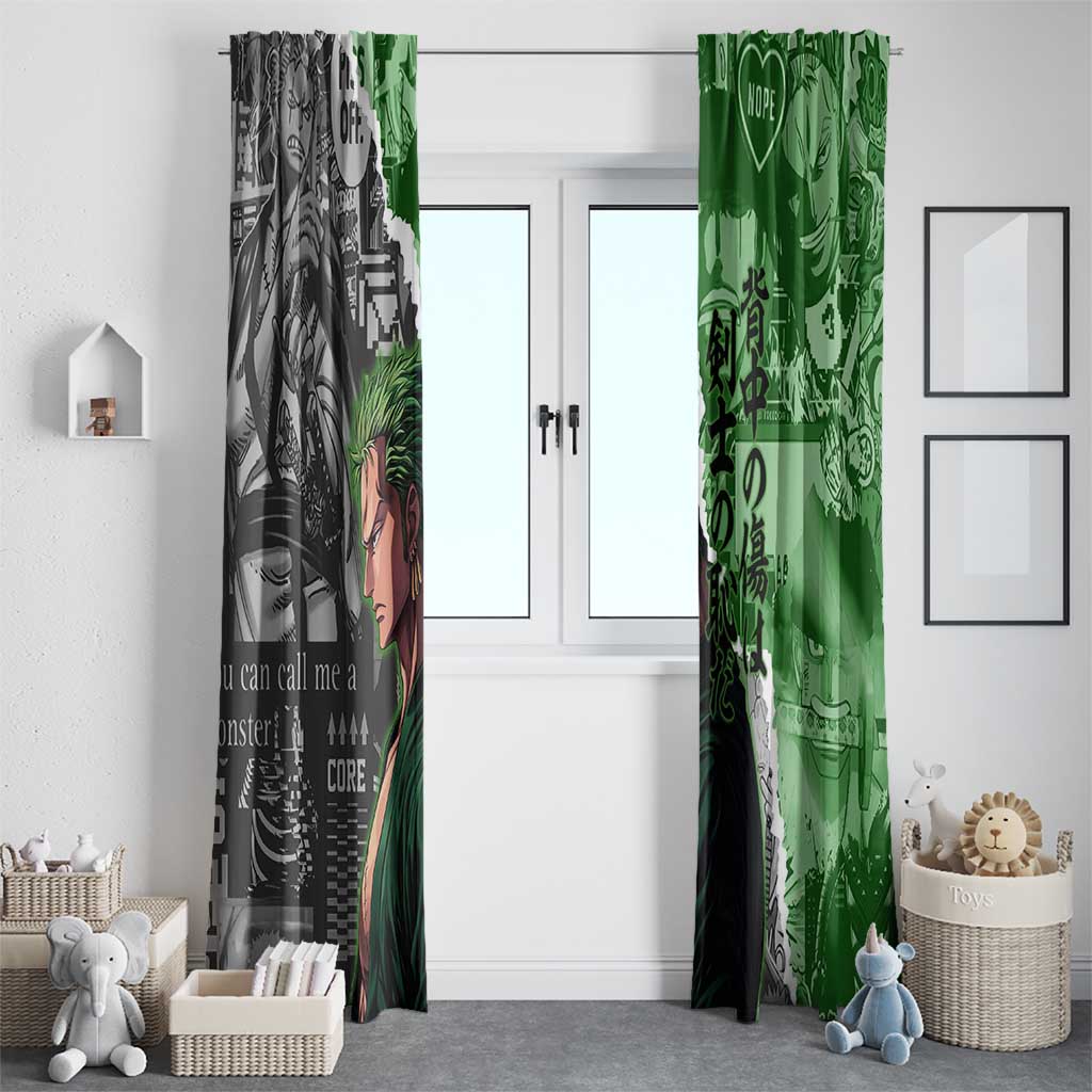 Zoro One Piece Green Theme Window Curtain with Manga Collage and Dual Portrait Swordmaster Design - The Mazicc