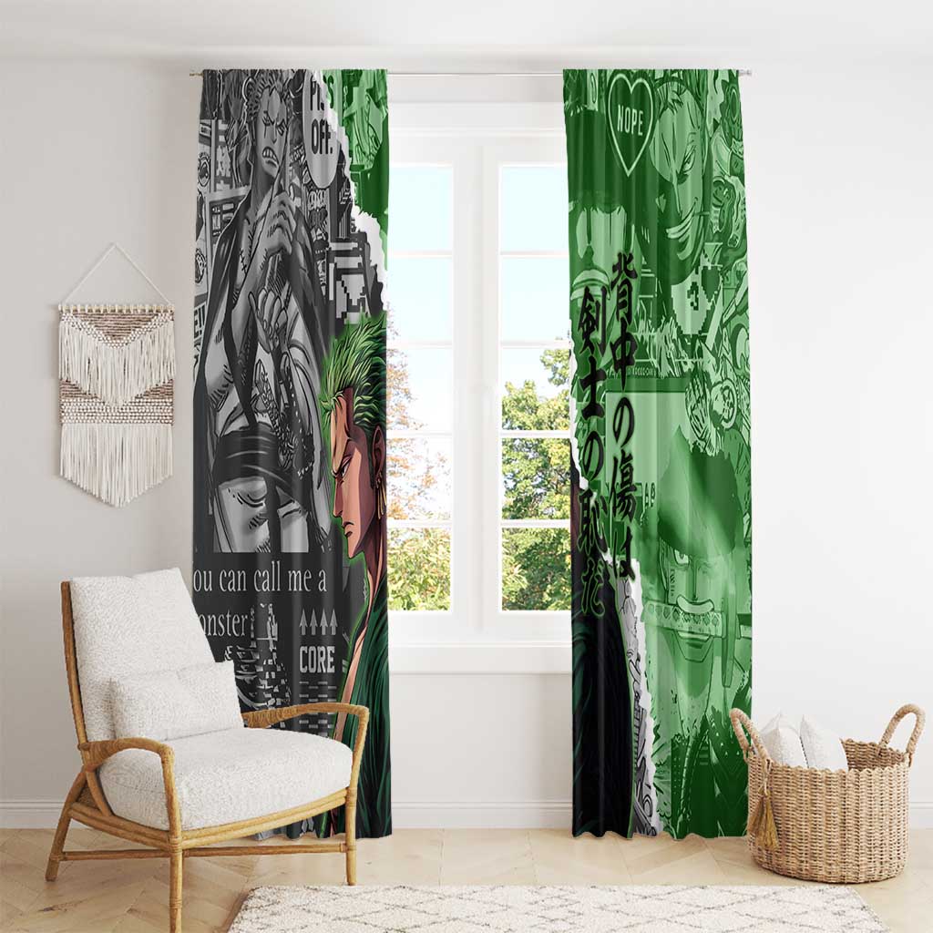 Zoro One Piece Green Theme Window Curtain with Manga Collage and Dual Portrait Swordmaster Design - The Mazicc