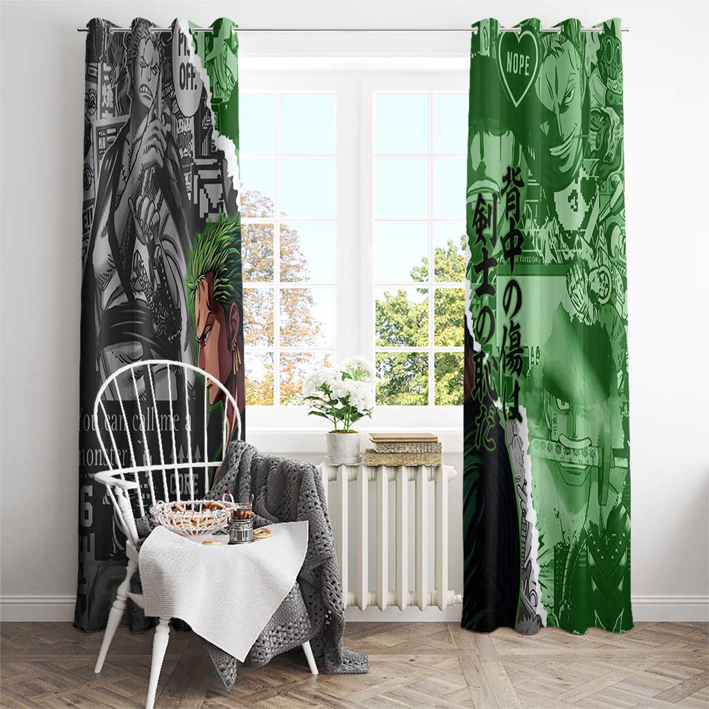 Zoro One Piece Green Theme Window Curtain with Manga Collage and Dual Portrait Swordmaster Design - The Mazicc