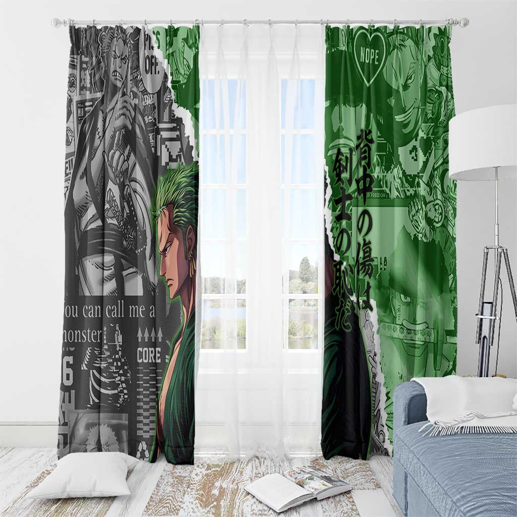 Zoro One Piece Green Theme Window Curtain with Manga Collage and Dual Portrait Swordmaster Design - The Mazicc
