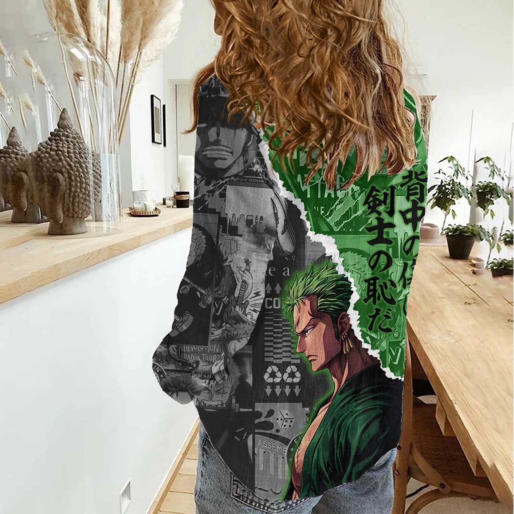 Zoro One Piece Green Theme Women Casual Shirt with Manga Collage and Dual Portrait Swordmaster Design - The Mazicc