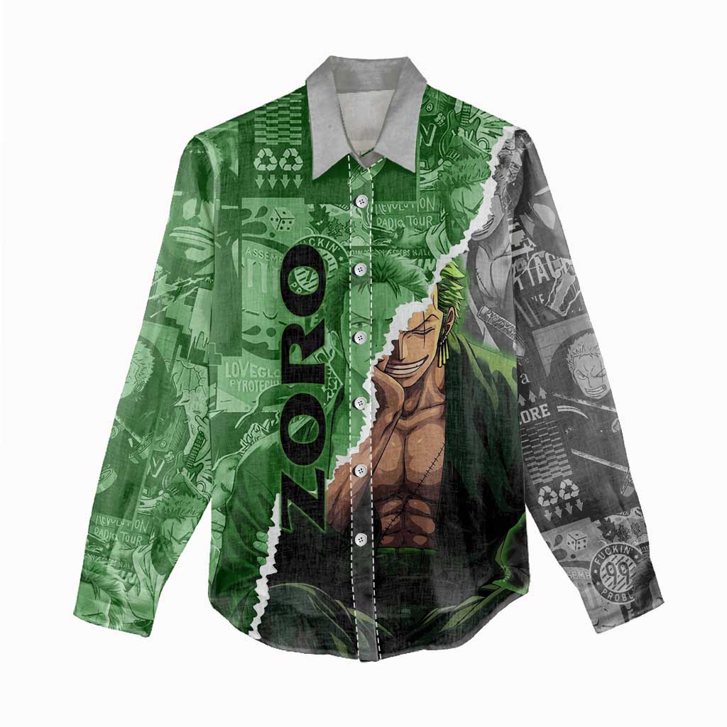 Zoro One Piece Green Theme Women Casual Shirt with Manga Collage and Dual Portrait Swordmaster Design - The Mazicc