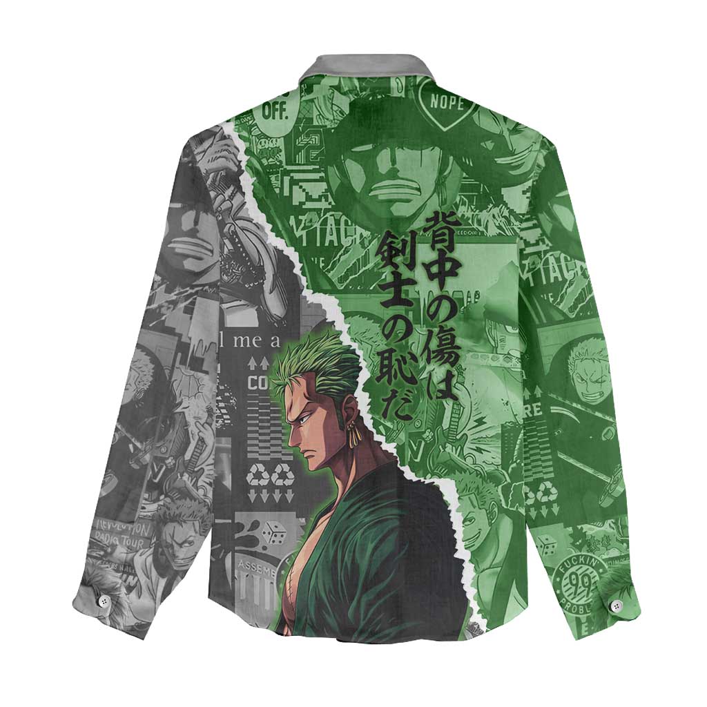Zoro One Piece Green Theme Women Casual Shirt with Manga Collage and Dual Portrait Swordmaster Design - The Mazicc