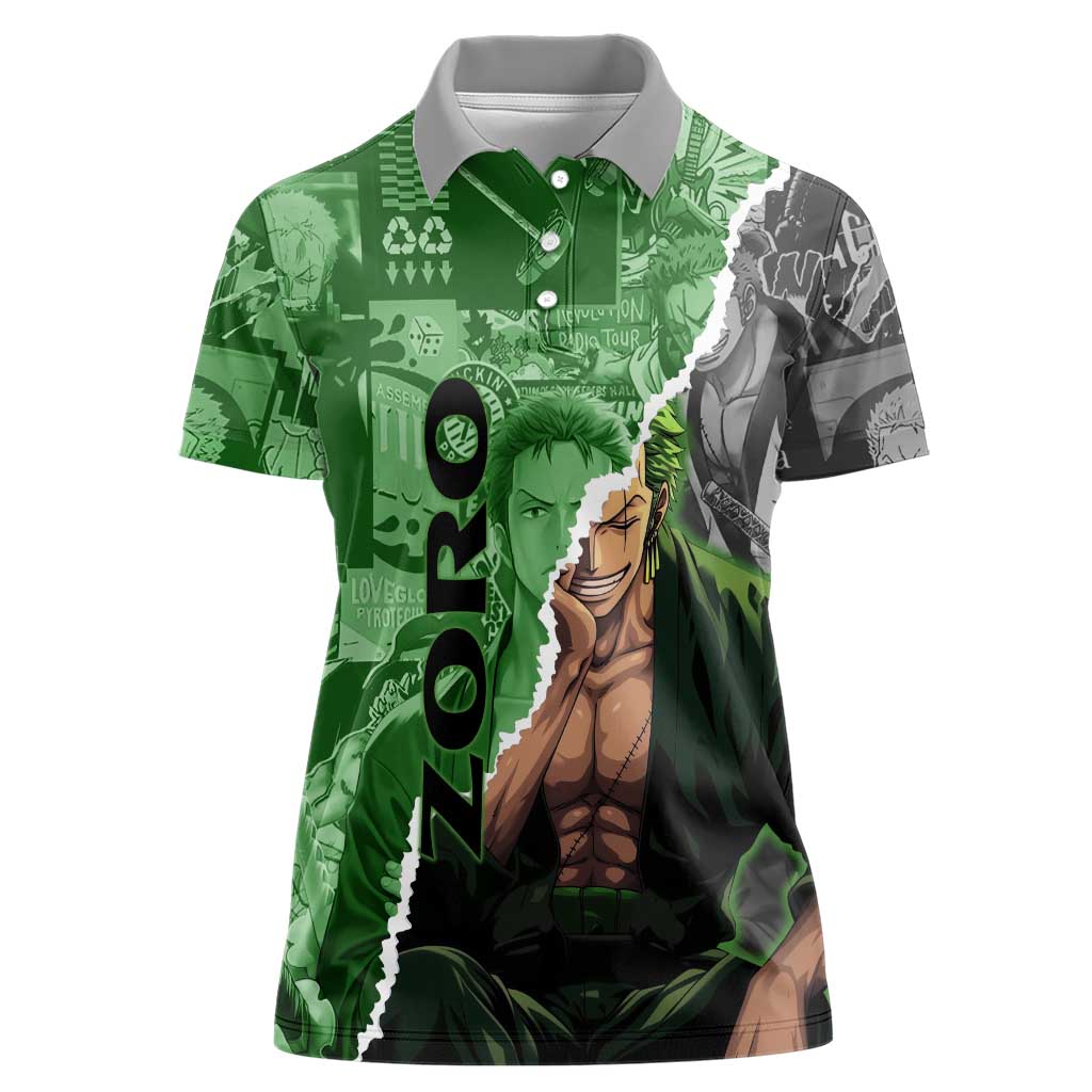 Zoro One Piece Green Theme Women Polo Shirt with Manga Collage and Dual Portrait Swordmaster Design - The Mazicc