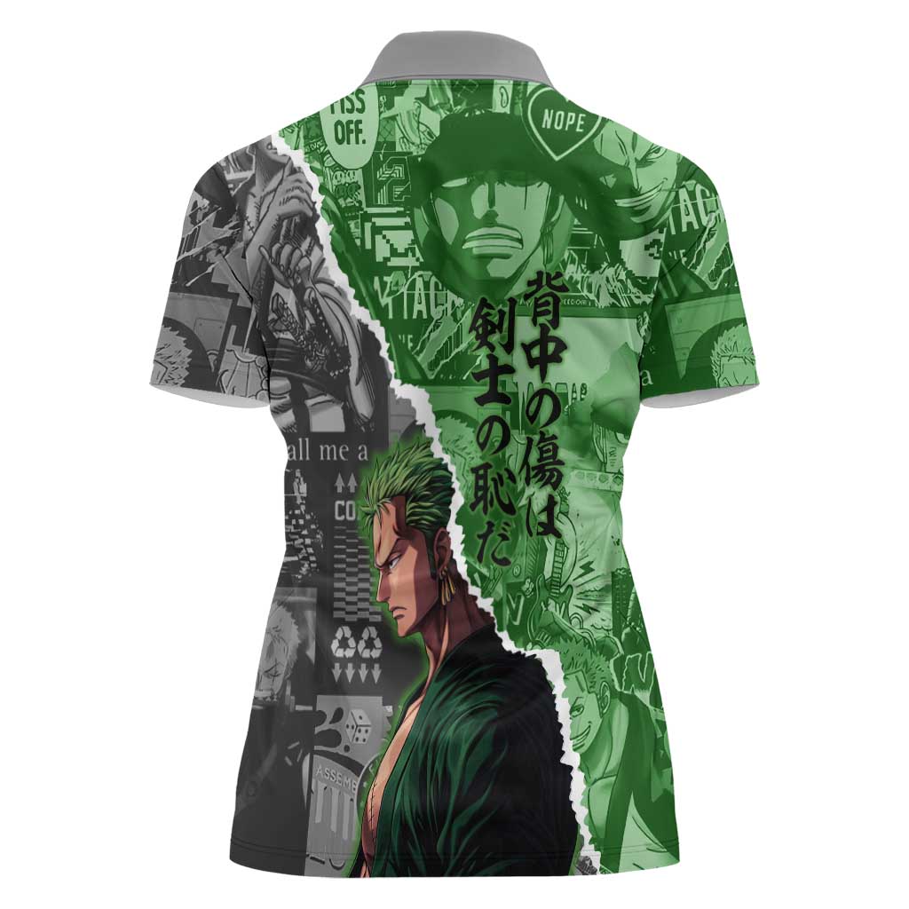 Zoro One Piece Green Theme Women Polo Shirt with Manga Collage and Dual Portrait Swordmaster Design - The Mazicc