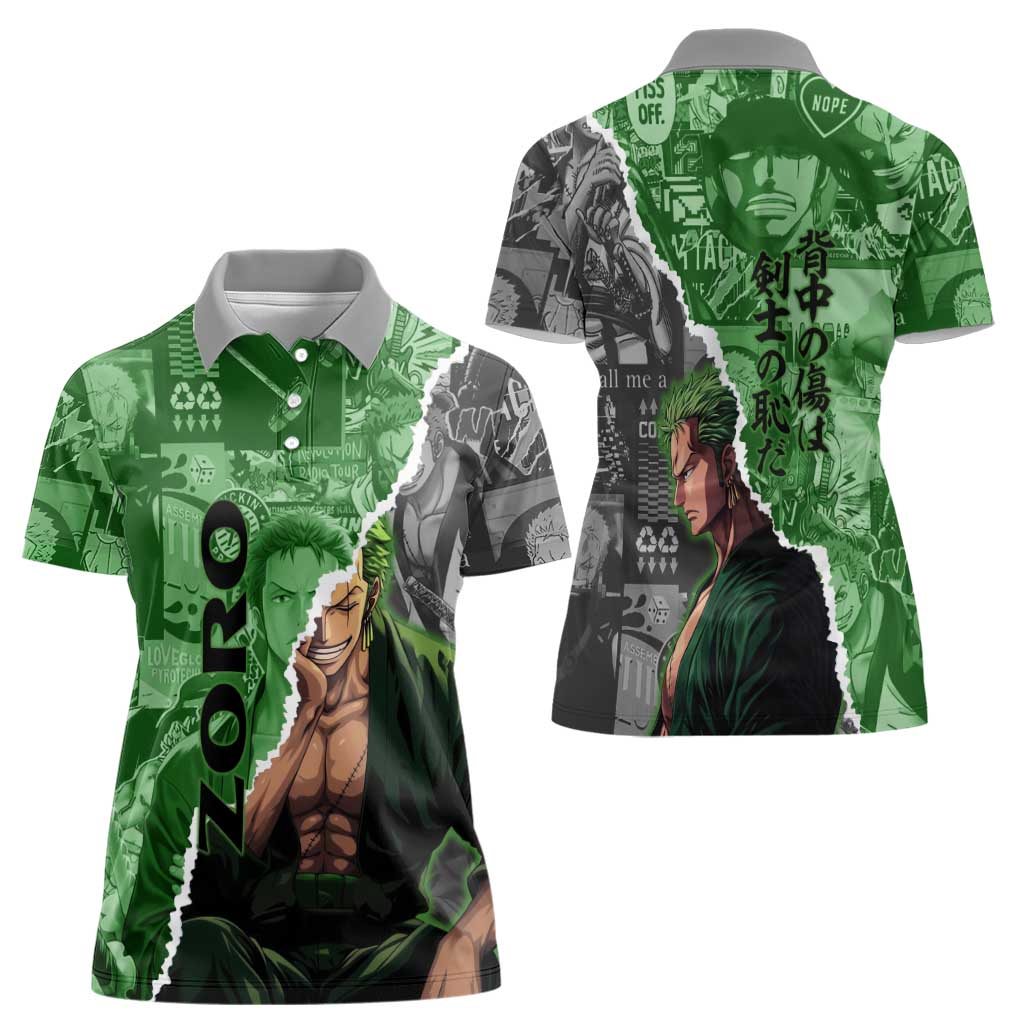Zoro One Piece Green Theme Women Polo Shirt with Manga Collage and Dual Portrait Swordmaster Design - The Mazicc