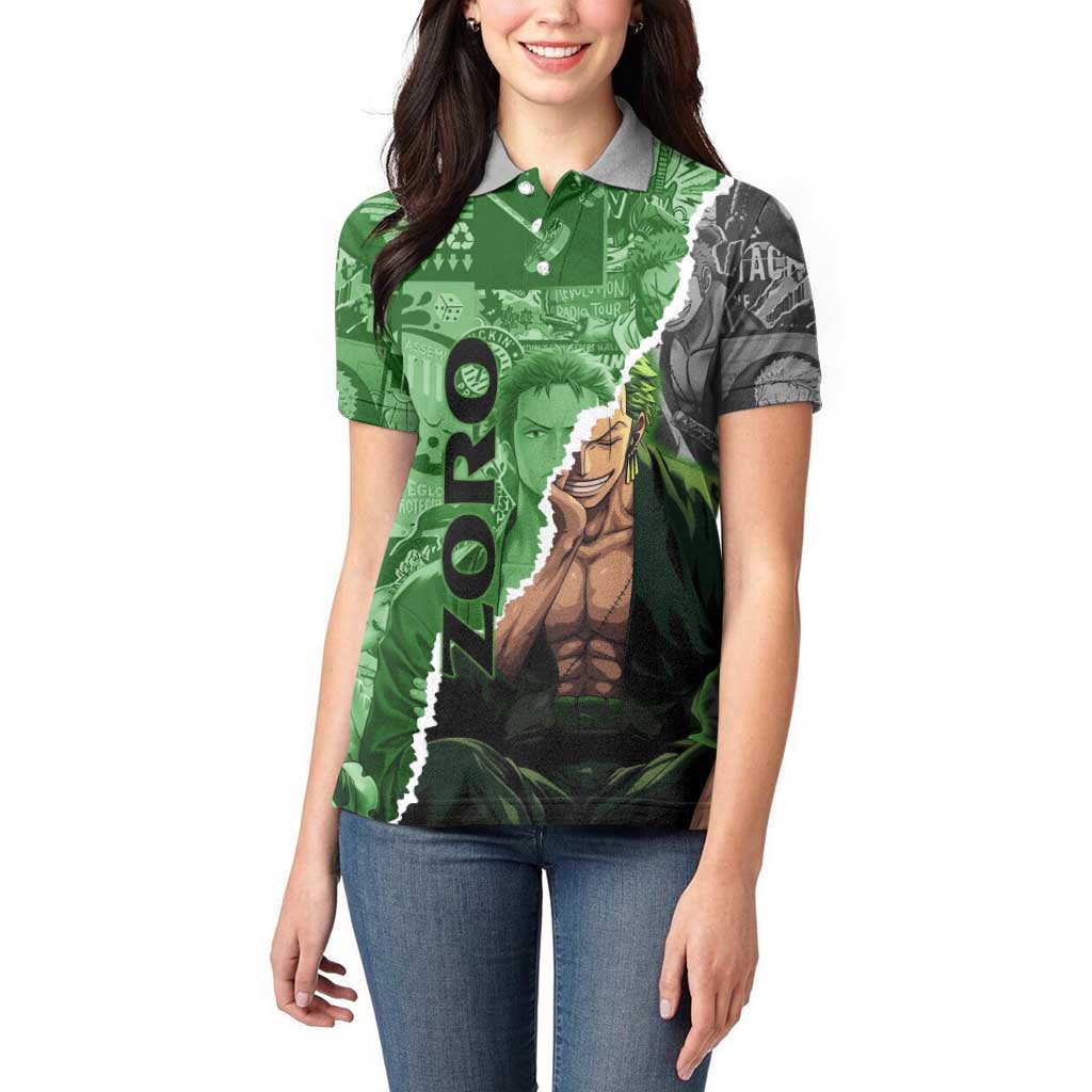 Zoro One Piece Green Theme Women Polo Shirt with Manga Collage and Dual Portrait Swordmaster Design - The Mazicc