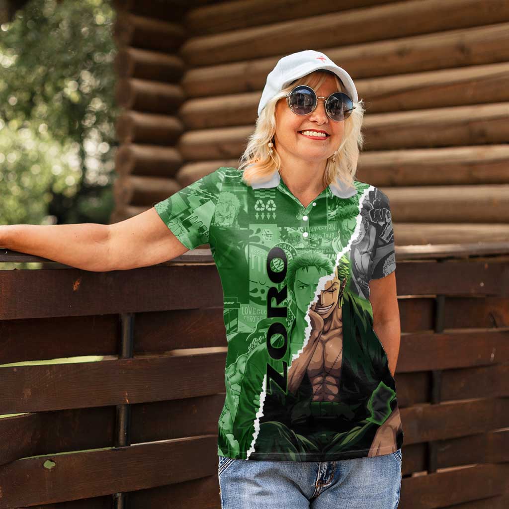 Zoro One Piece Green Theme Women Polo Shirt with Manga Collage and Dual Portrait Swordmaster Design - The Mazicc