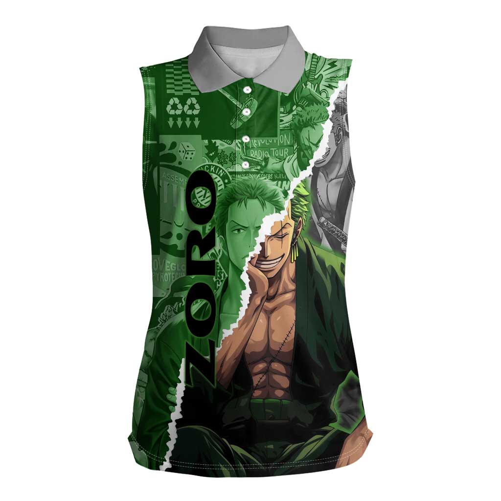 Zoro One Piece Green Theme Women Sleeveless Polo Shirt with Manga Collage and Dual Portrait Swordmaster Design - The Mazicc