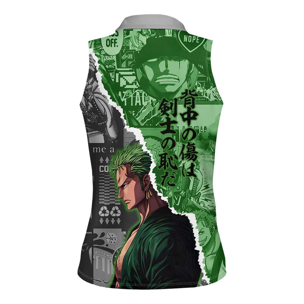 Zoro One Piece Green Theme Women Sleeveless Polo Shirt with Manga Collage and Dual Portrait Swordmaster Design - The Mazicc