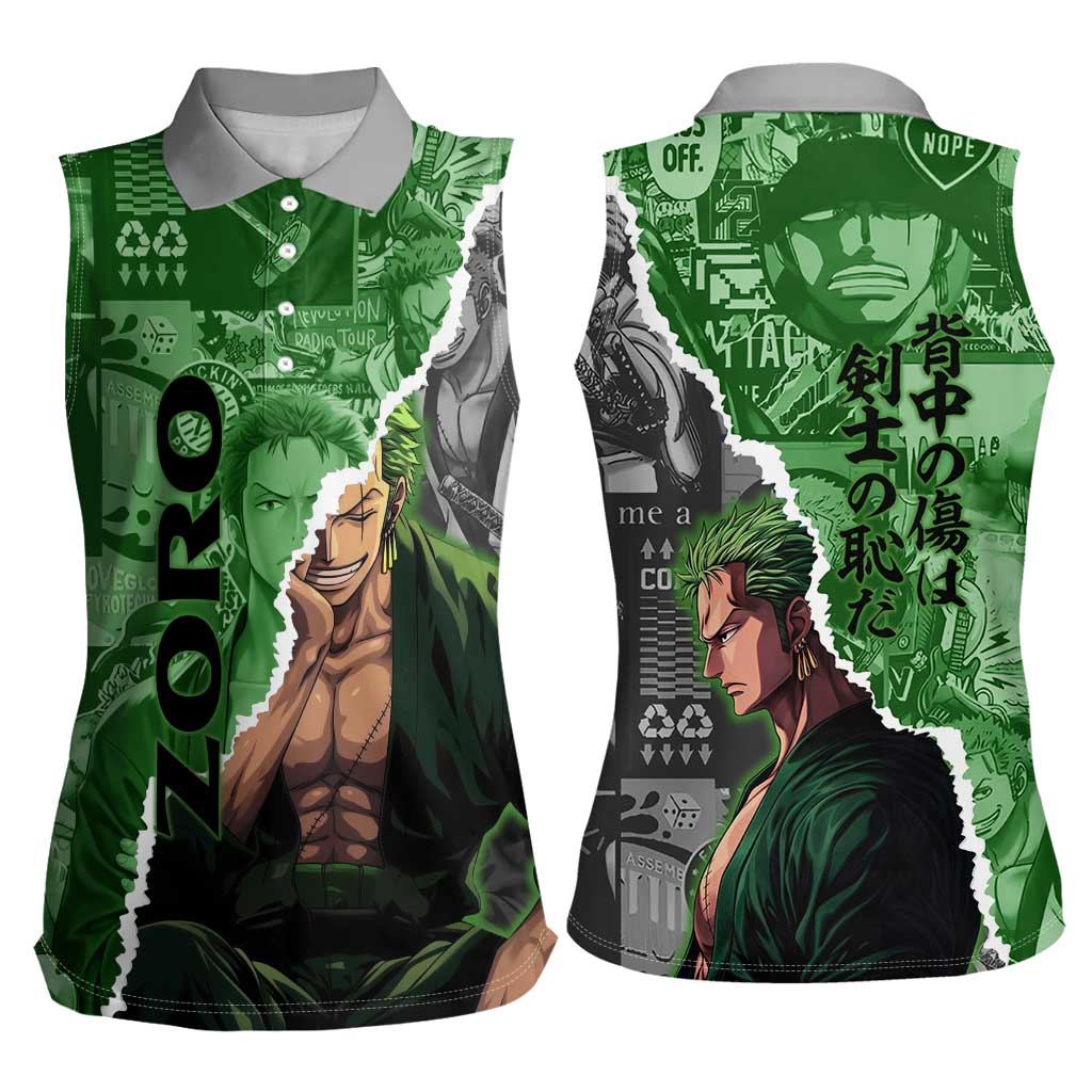 Zoro One Piece Green Theme Women Sleeveless Polo Shirt with Manga Collage and Dual Portrait Swordmaster Design - The Mazicc