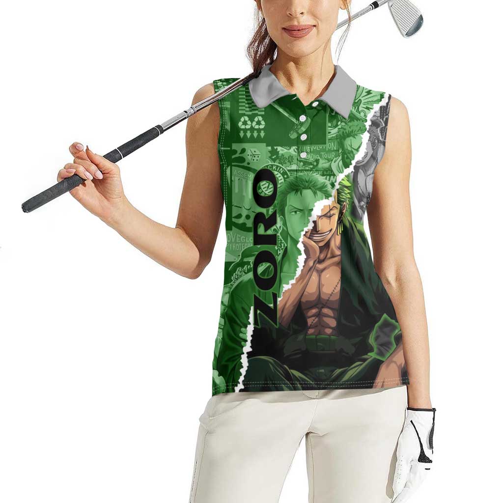 Zoro One Piece Green Theme Women Sleeveless Polo Shirt with Manga Collage and Dual Portrait Swordmaster Design - The Mazicc