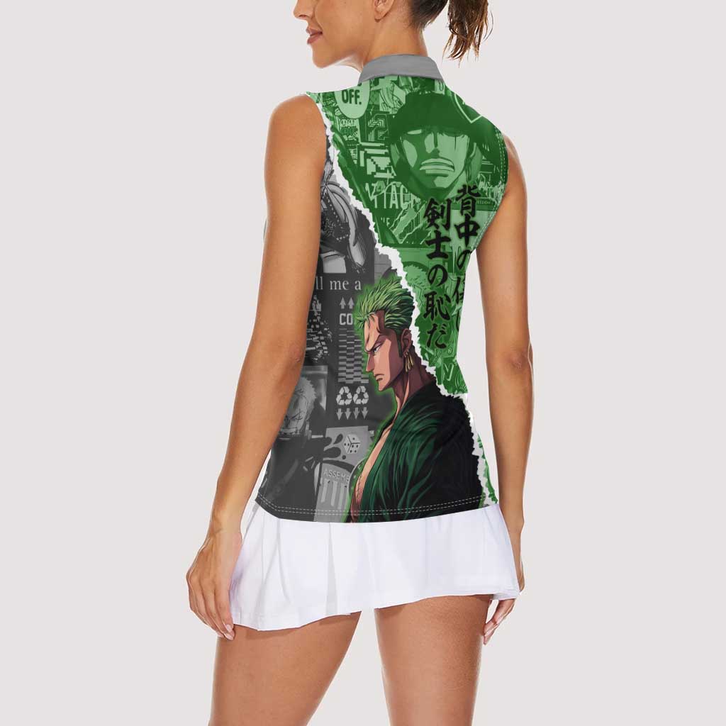 Zoro One Piece Green Theme Women Sleeveless Polo Shirt with Manga Collage and Dual Portrait Swordmaster Design - The Mazicc